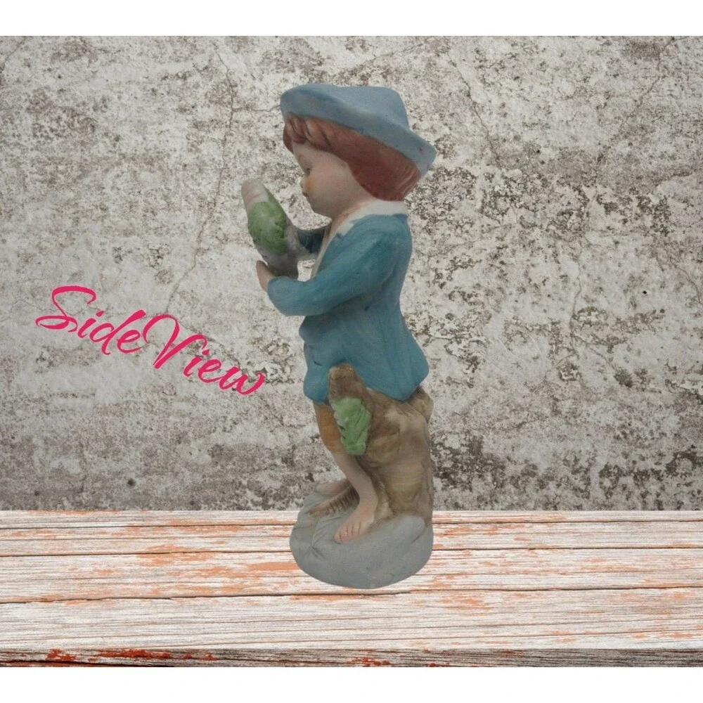 Vintage Barefoot Boy Holding Grapes Figurine Blue Hat Blue Coat 6 1/2 inches